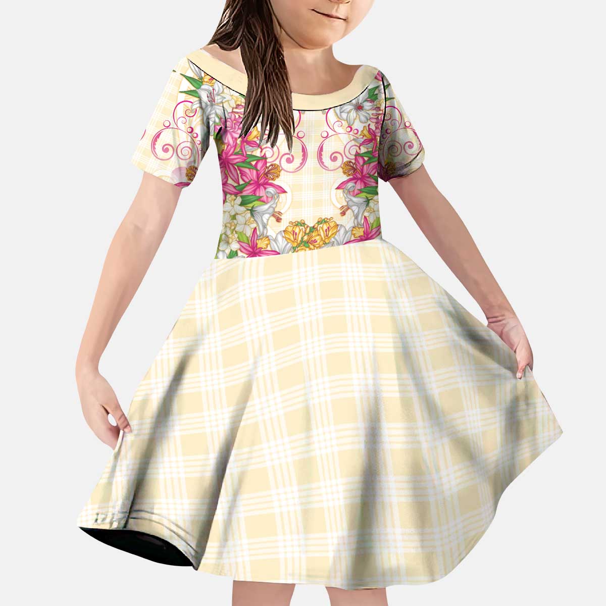 Hawaii Palaka Kid Short Sleeve Dress Yellow Tribal Pattern With Tropical Flowers - Polynesian Pride