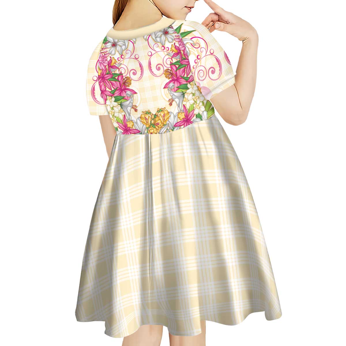 Hawaii Palaka Kid Short Sleeve Dress Yellow Tribal Pattern With Tropical Flowers - Polynesian Pride