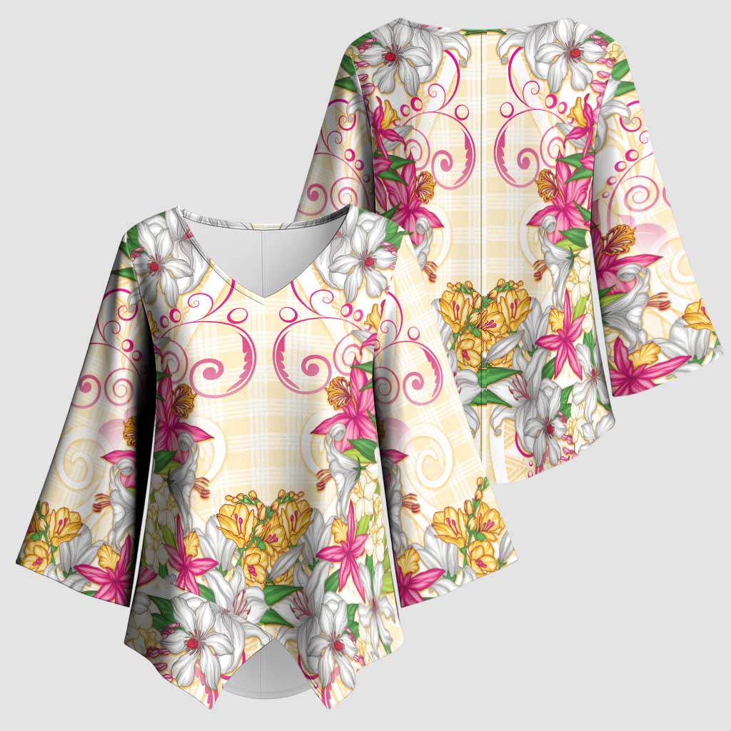 Hawaii Palaka Kimono Sleeve Blouse Yellow Tribal Pattern With Tropical Flowers LT05 - Polynesian Pride