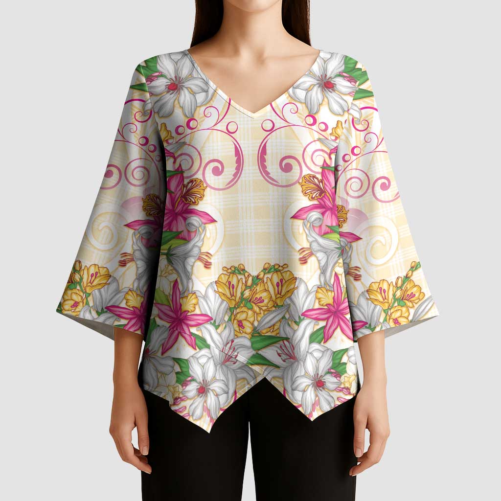 Hawaii Palaka Kimono Sleeve Blouse Yellow Tribal Pattern With Tropical Flowers LT05 - Polynesian Pride