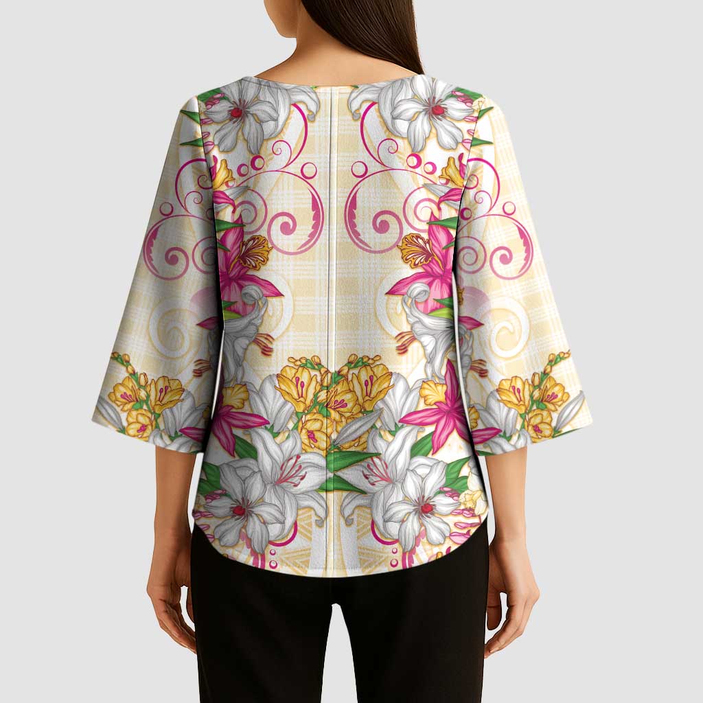 Hawaii Palaka Kimono Sleeve Blouse Yellow Tribal Pattern With Tropical Flowers LT05 - Polynesian Pride