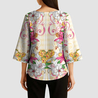 Hawaii Palaka Kimono Sleeve Blouse Yellow Tribal Pattern With Tropical Flowers LT05 - Polynesian Pride