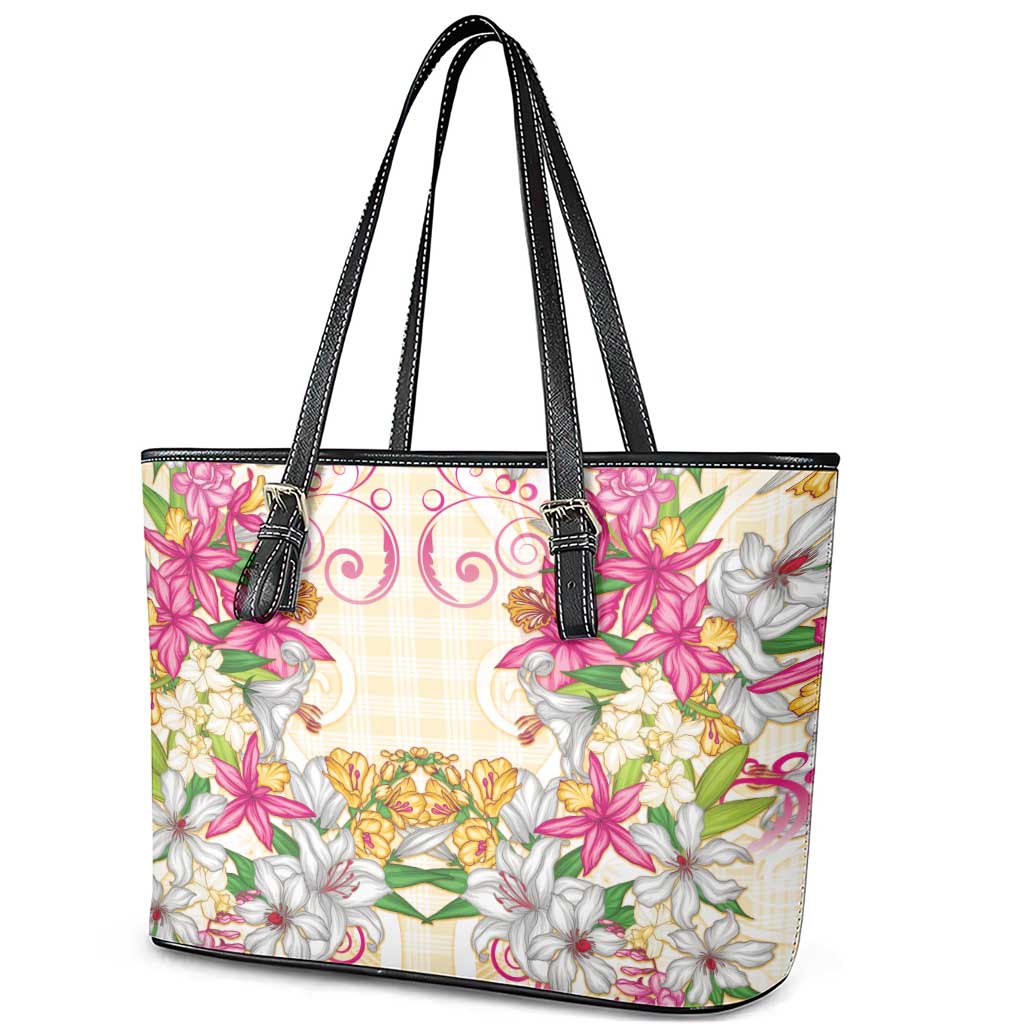 Hawaii Palaka Leather Tote Bag Yellow Tribal Pattern With Tropical Flowers - Polynesian Pride