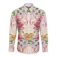 Hawaii Palaka Long Sleeve Button Shirt Yellow Tribal Pattern With Tropical Flowers - Polynesian Pride