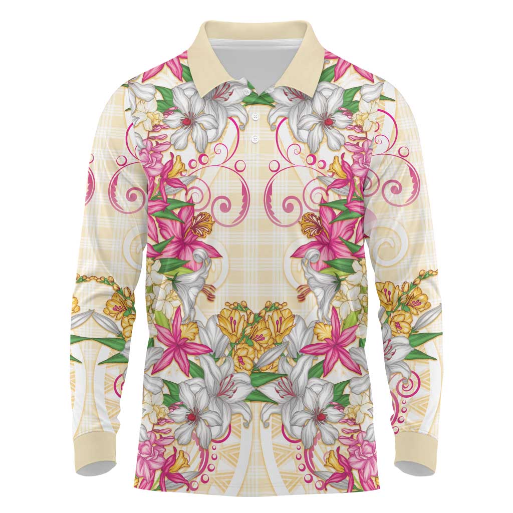 Hawaii Palaka Long Sleeve Polo Shirt Yellow Tribal Pattern With Tropical Flowers LT05 Yellow - Polynesian Pride
