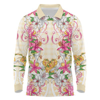 Hawaii Palaka Long Sleeve Polo Shirt Yellow Tribal Pattern With Tropical Flowers LT05 Yellow - Polynesian Pride