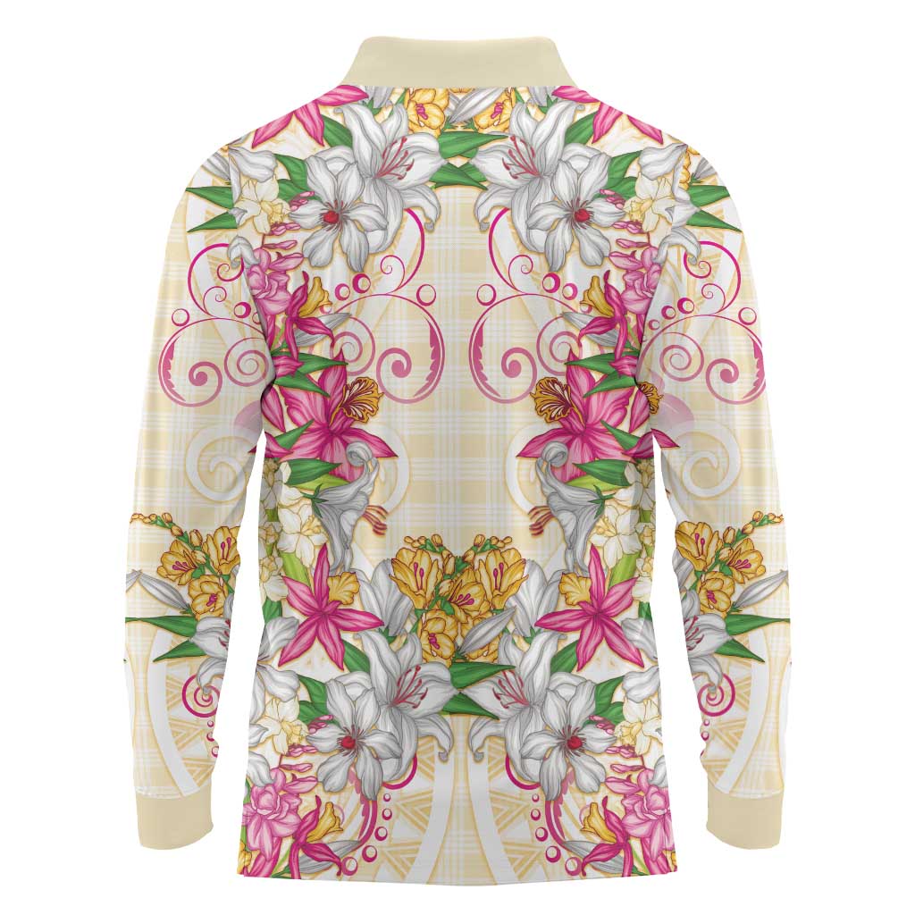 Hawaii Palaka Long Sleeve Polo Shirt Yellow Tribal Pattern With Tropical Flowers LT05 - Polynesian Pride