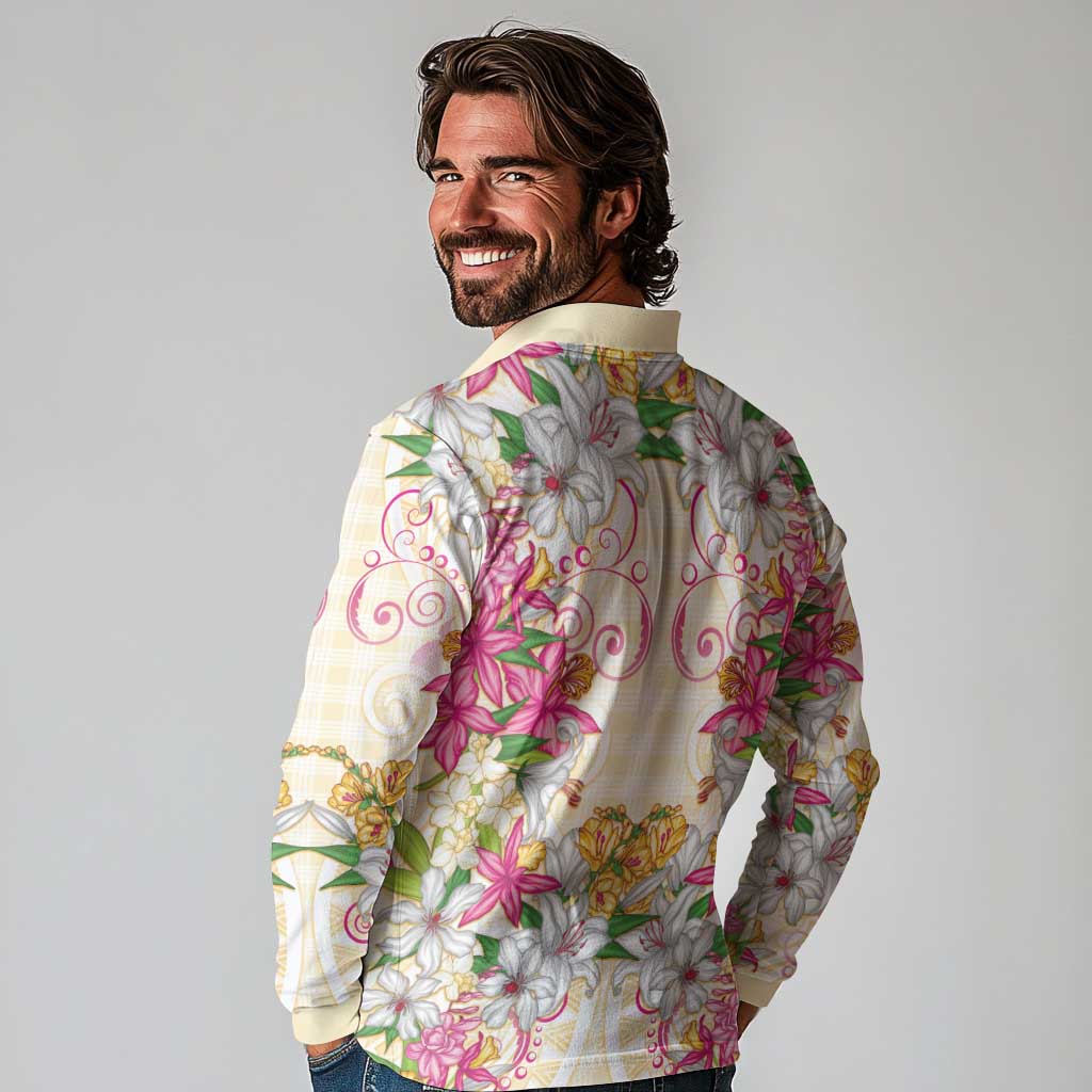 Hawaii Palaka Long Sleeve Polo Shirt Yellow Tribal Pattern With Tropical Flowers LT05 - Polynesian Pride