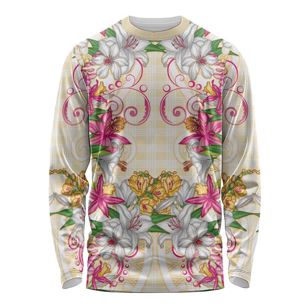 Hawaii Palaka Long Sleeve Shirt Yellow Tribal Pattern With Tropical Flowers - Polynesian Pride