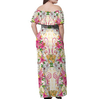 Hawaii Palaka Off Shoulder Maxi Dress Yellow Tribal Pattern With Tropical Flowers - Polynesian Pride