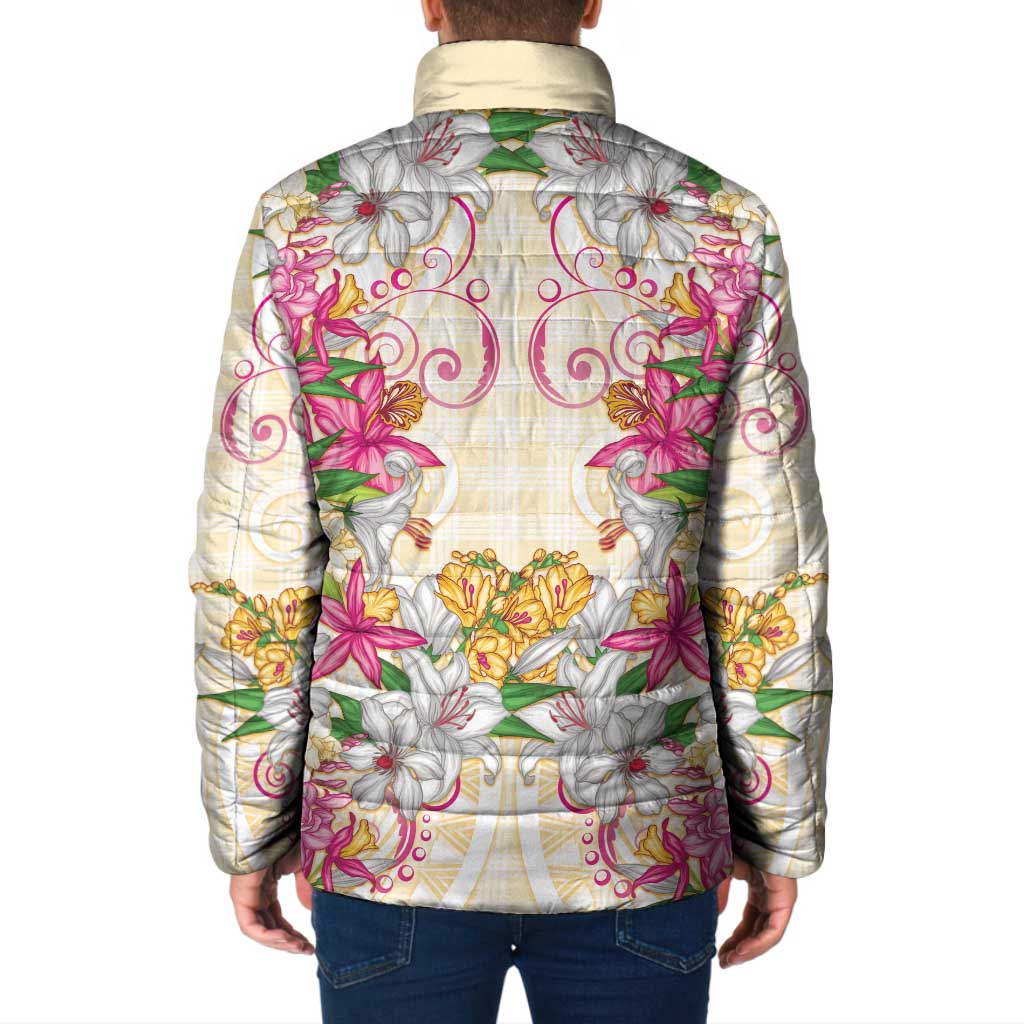 Hawaii Palaka Padded Jacket Yellow Tribal Pattern With Tropical Flowers LT05 - Polynesian Pride