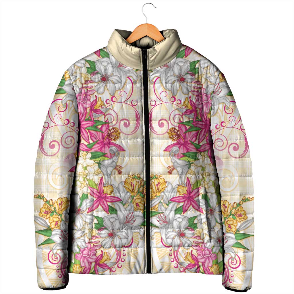 Hawaii Palaka Padded Jacket Yellow Tribal Pattern With Tropical Flowers LT05 - Polynesian Pride