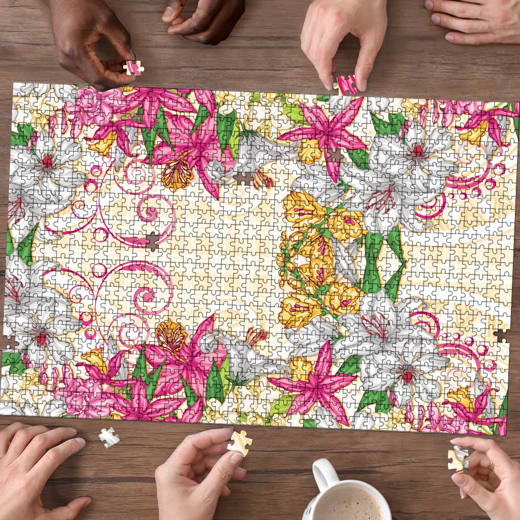 Hawaii Palaka Puzzle Yellow Tribal Pattern With Tropical Flowers LT05 - Polynesian Pride