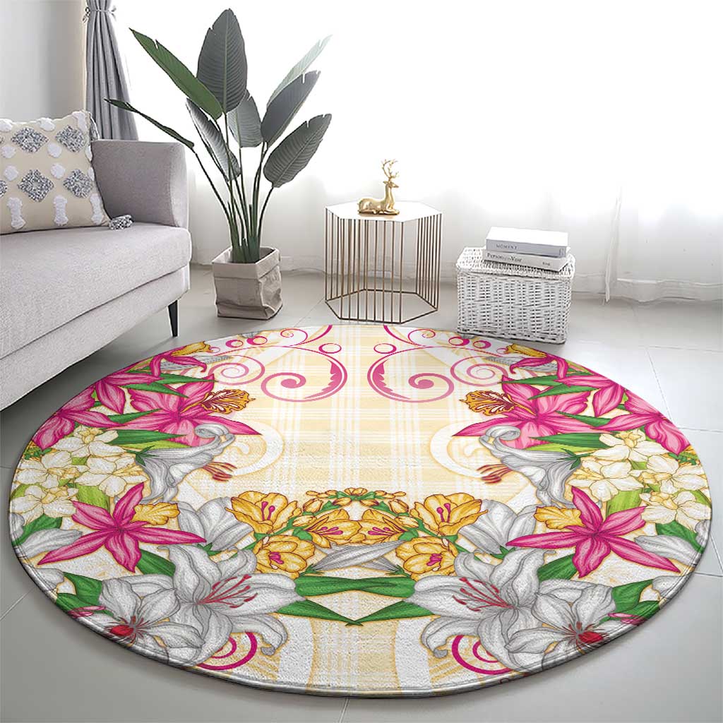 Hawaii Palaka Round Carpet Yellow Tribal Pattern With Tropical Flowers - Polynesian Pride
