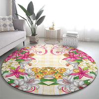 Hawaii Palaka Round Carpet Yellow Tribal Pattern With Tropical Flowers - Polynesian Pride