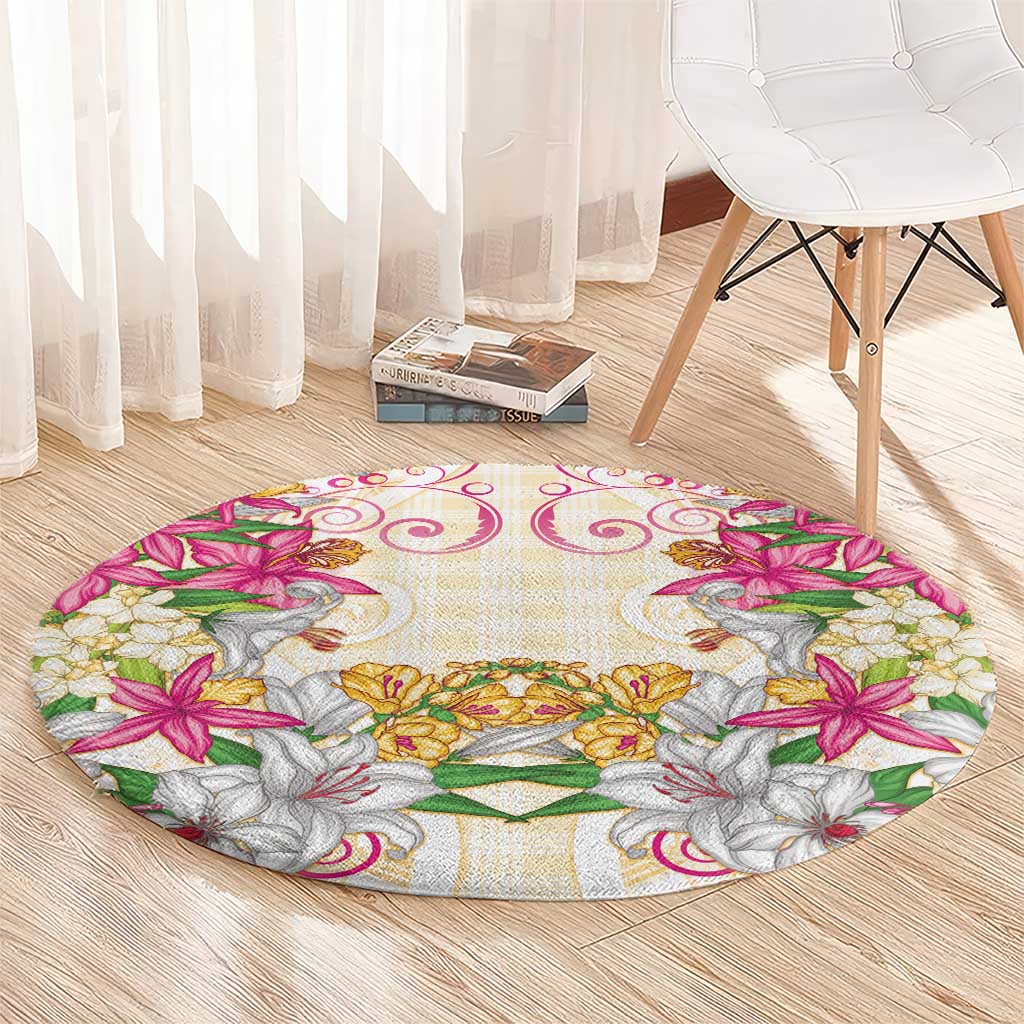 Hawaii Palaka Round Carpet Yellow Tribal Pattern With Tropical Flowers - Polynesian Pride