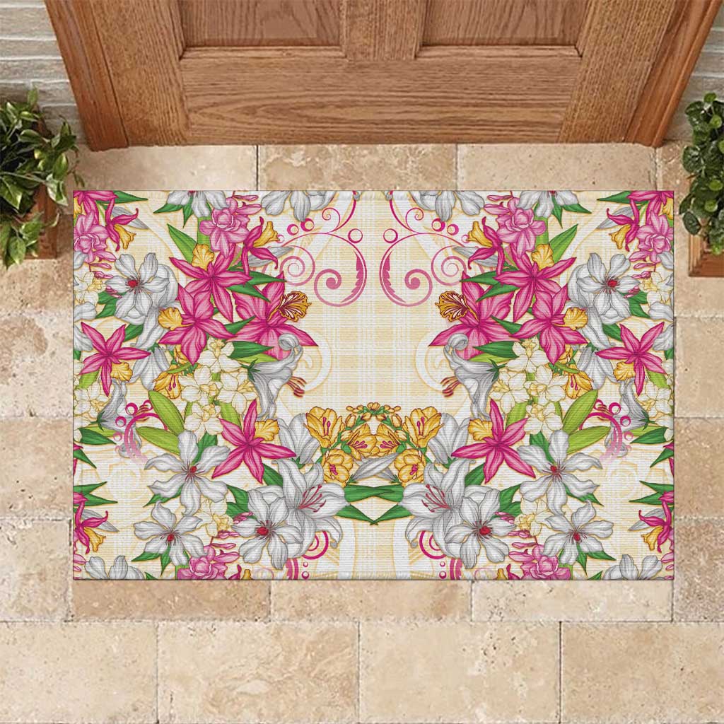 Hawaii Palaka Rubber Doormat Yellow Tribal Pattern With Tropical Flowers LT05 Yellow - Polynesian Pride