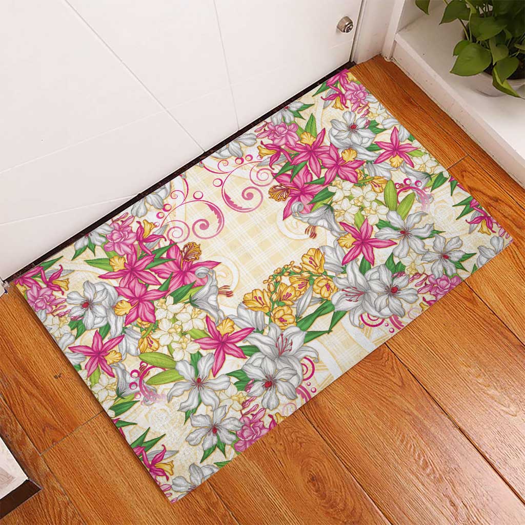 Hawaii Palaka Rubber Doormat Yellow Tribal Pattern With Tropical Flowers LT05 - Polynesian Pride