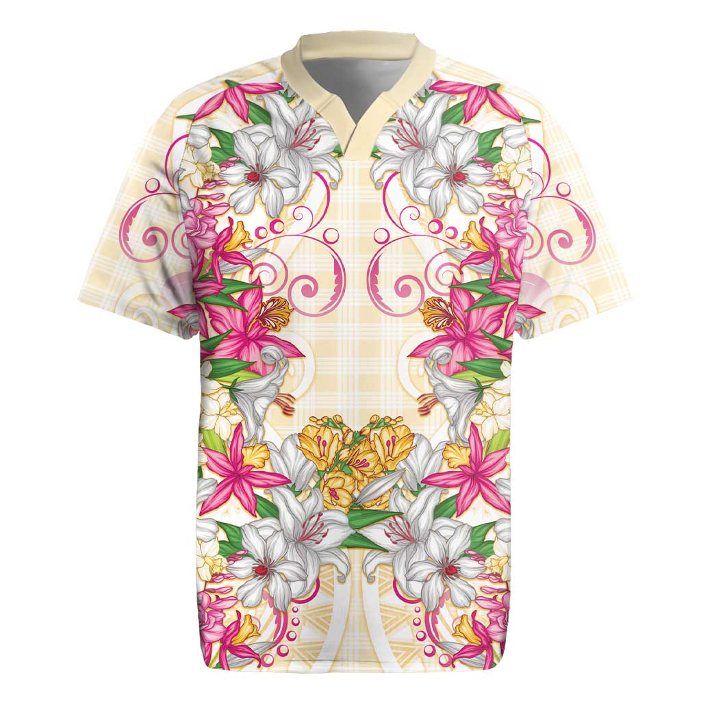 Hawaii Palaka Rugby Jersey Yellow Tribal Pattern With Tropical Flowers LT05 Yellow - Polynesian Pride