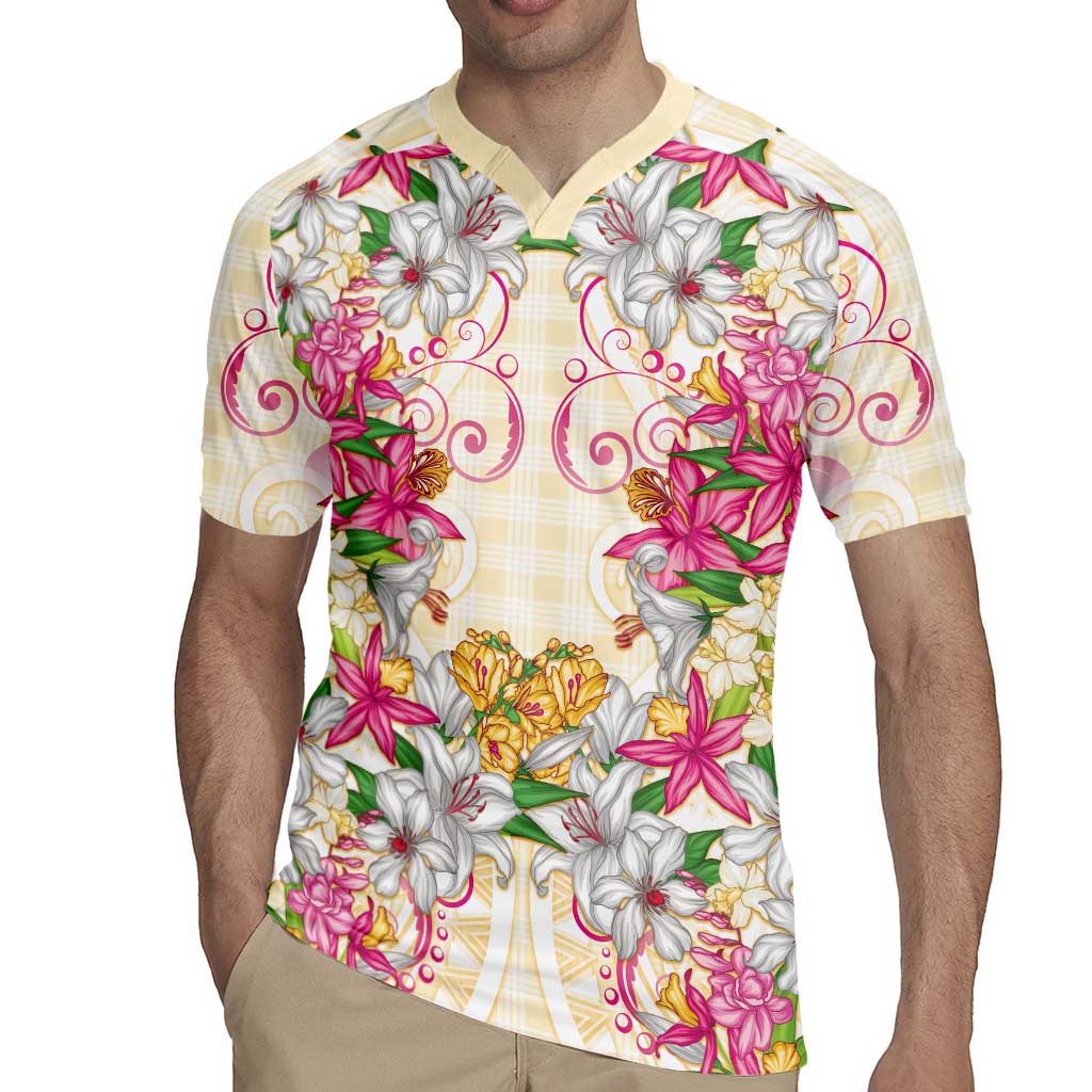 Hawaii Palaka Rugby Jersey Yellow Tribal Pattern With Tropical Flowers LT05 - Polynesian Pride