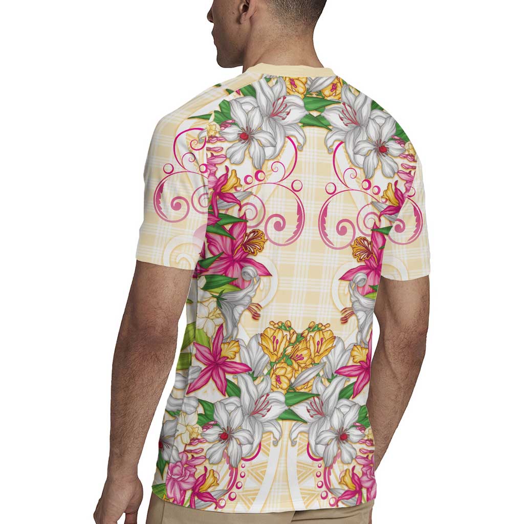 Hawaii Palaka Rugby Jersey Yellow Tribal Pattern With Tropical Flowers LT05 - Polynesian Pride