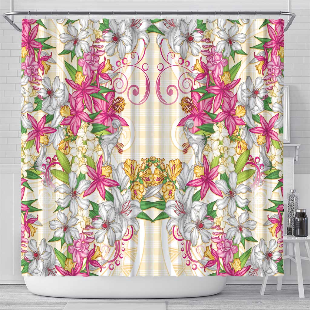 Hawaii Palaka Shower Curtain Yellow Tribal Pattern With Tropical Flowers - Polynesian Pride