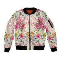 Hawaii Palaka Sleeve Zip Bomber Jacket Yellow Tribal Pattern With Tropical Flowers - Polynesian Pride