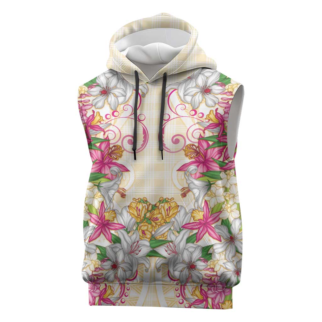 Hawaii Palaka Sleeveless Hoodie Yellow Tribal Pattern With Tropical Flowers LT05 Yellow - Polynesian Pride