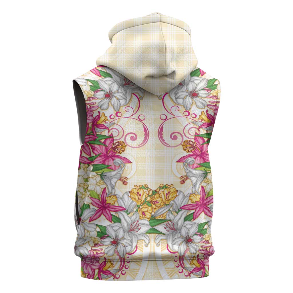 Hawaii Palaka Sleeveless Hoodie Yellow Tribal Pattern With Tropical Flowers LT05 - Polynesian Pride