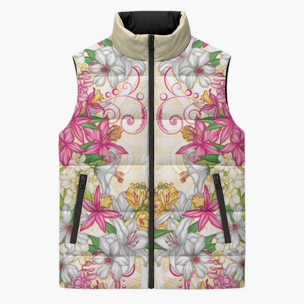 Hawaii Palaka Sleeveless Puffer Jacket Yellow Tribal Pattern With Tropical Flowers LT05 Unisex Yellow - Polynesian Pride