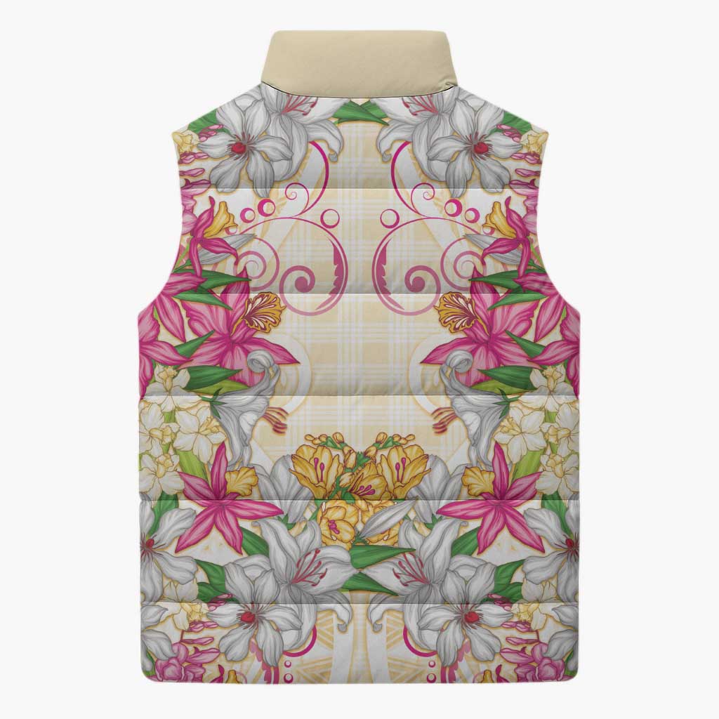 Hawaii Palaka Sleeveless Puffer Jacket Yellow Tribal Pattern With Tropical Flowers LT05 - Polynesian Pride