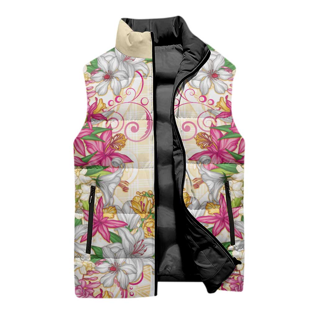 Hawaii Palaka Sleeveless Puffer Jacket Yellow Tribal Pattern With Tropical Flowers LT05 - Polynesian Pride