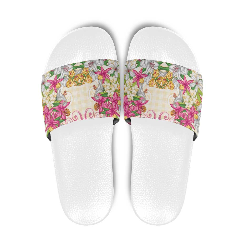 Hawaii Palaka Slide Sandals Yellow Tribal Pattern With Tropical Flowers - Polynesian Pride