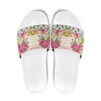 Hawaii Palaka Slide Sandals Yellow Tribal Pattern With Tropical Flowers - Polynesian Pride