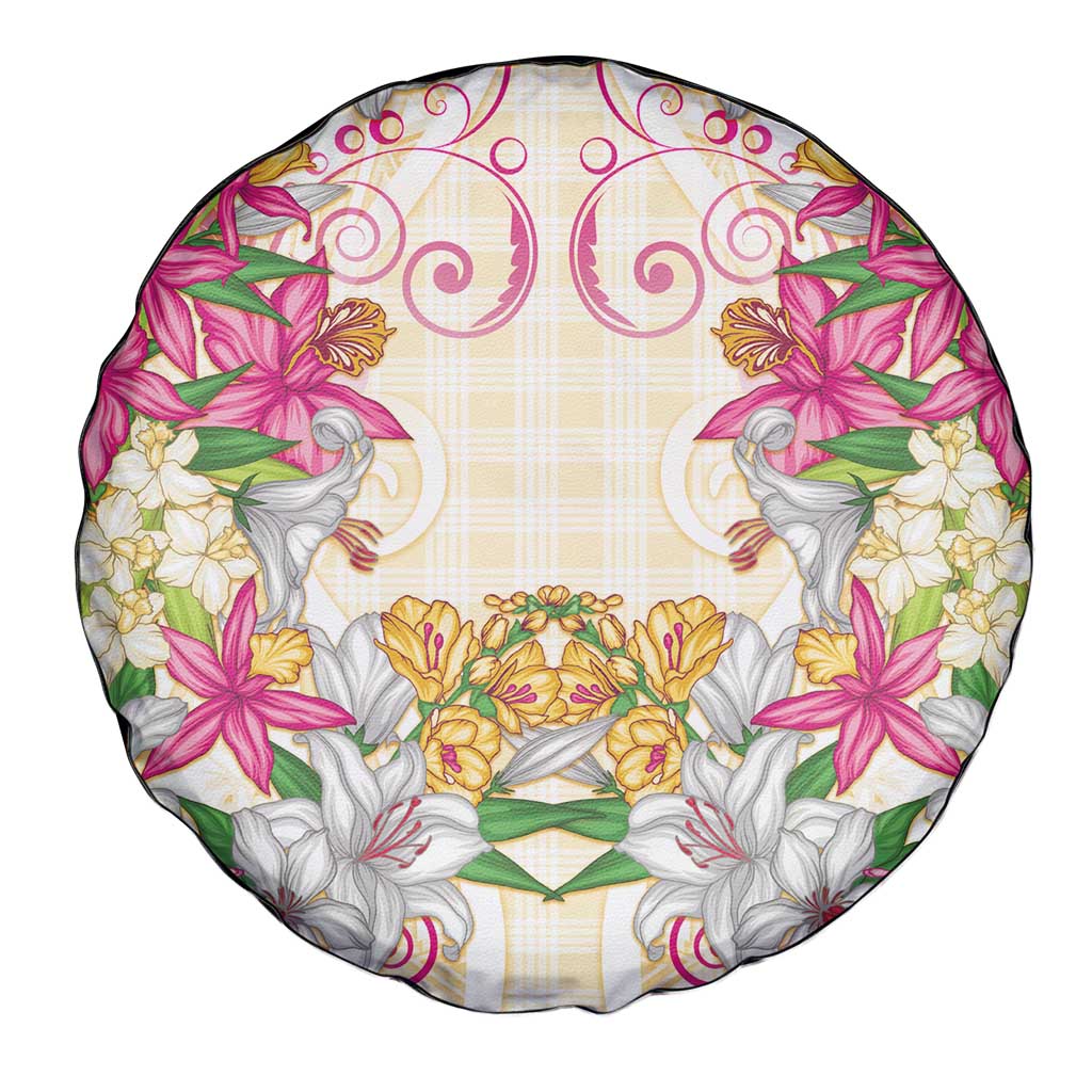 Hawaii Palaka Spare Tire Cover Yellow Tribal Pattern With Tropical Flowers - Polynesian Pride