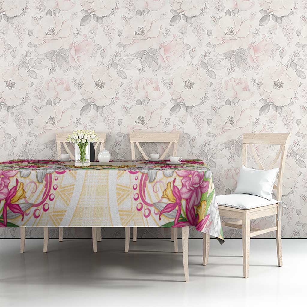 Hawaii Palaka Tablecloth Yellow Tribal Pattern With Tropical Flowers - Polynesian Pride