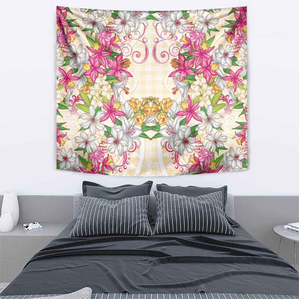 Hawaii Palaka Tapestry Yellow Tribal Pattern With Tropical Flowers - Polynesian Pride