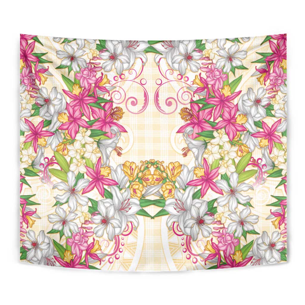 Hawaii Palaka Tapestry Yellow Tribal Pattern With Tropical Flowers - Polynesian Pride