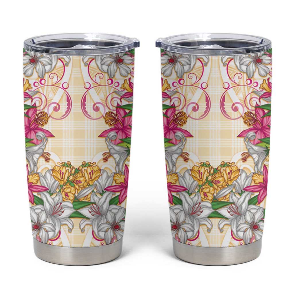 Hawaii Palaka Tumbler Cup Yellow Tribal Pattern With Tropical Flowers - Polynesian Pride