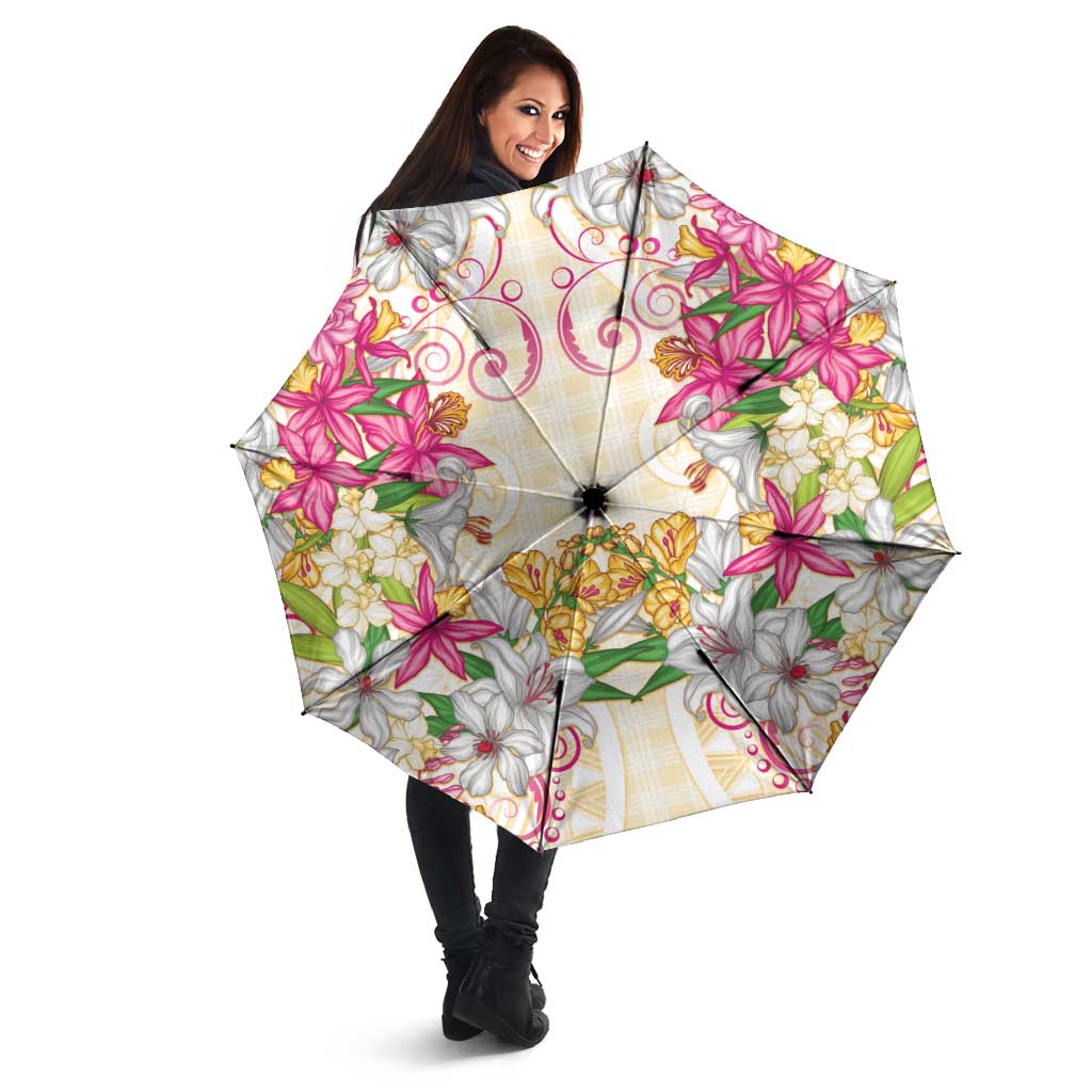 Hawaii Palaka Umbrella Yellow Tribal Pattern With Tropical Flowers - Polynesian Pride
