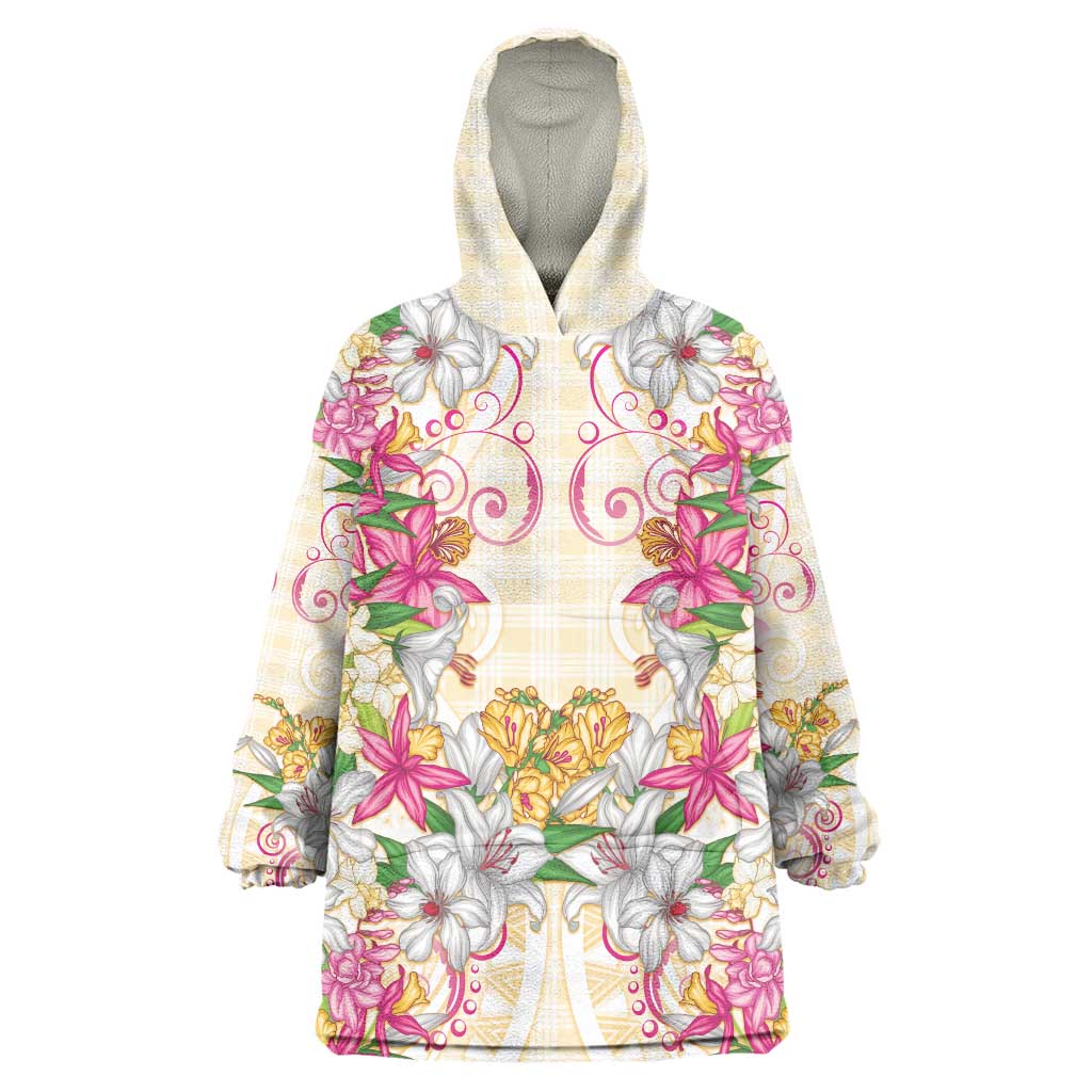 Hawaii Palaka Wearable Blanket Hoodie Yellow Tribal Pattern With Tropical Flowers - Polynesian Pride