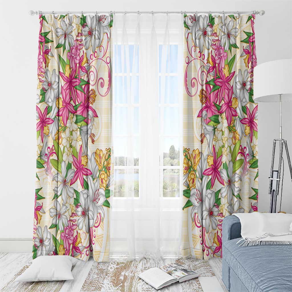 Hawaii Palaka Window Curtain Yellow Tribal Pattern With Tropical Flowers - Polynesian Pride