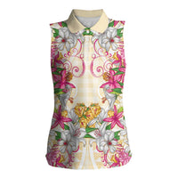 Hawaii Palaka Women Sleeveless Polo Shirt Yellow Tribal Pattern With Tropical Flowers LT05 Female Yellow - Polynesian Pride