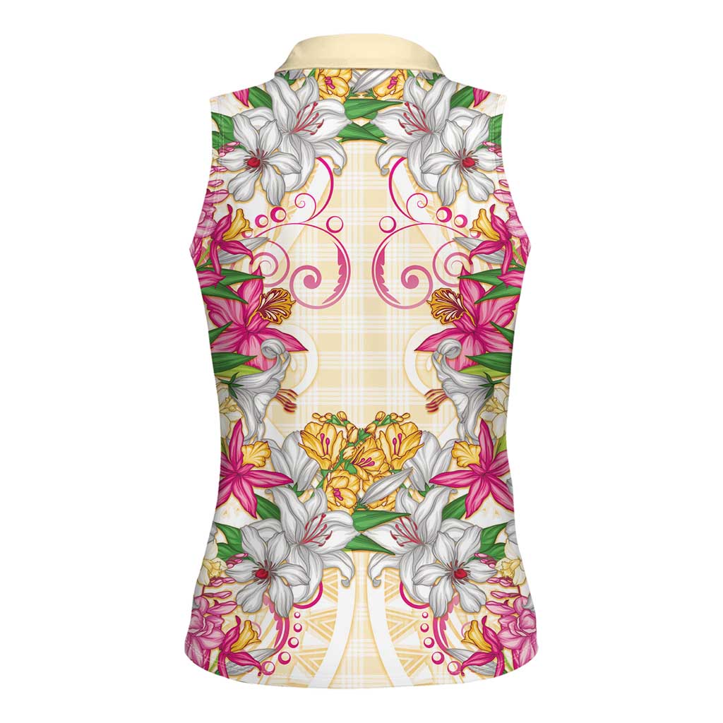 Hawaii Palaka Women Sleeveless Polo Shirt Yellow Tribal Pattern With Tropical Flowers LT05 - Polynesian Pride