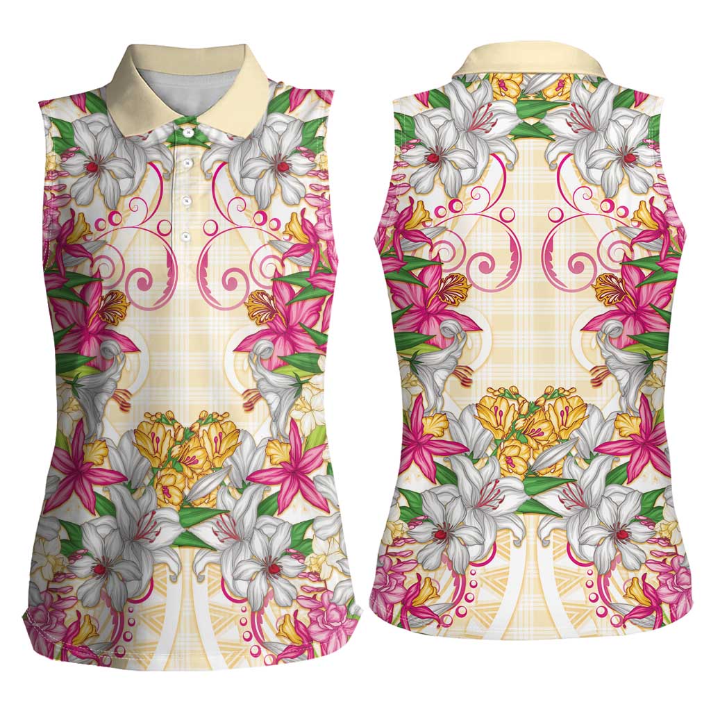 Hawaii Palaka Women Sleeveless Polo Shirt Yellow Tribal Pattern With Tropical Flowers LT05 - Polynesian Pride