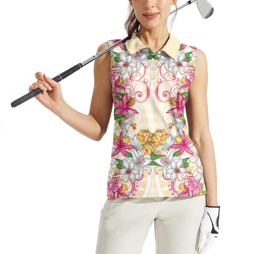 Hawaii Palaka Women Sleeveless Polo Shirt Yellow Tribal Pattern With Tropical Flowers LT05 - Polynesian Pride
