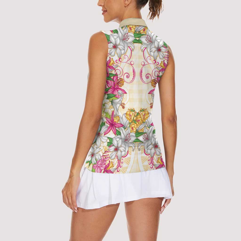Hawaii Palaka Women Sleeveless Polo Shirt Yellow Tribal Pattern With Tropical Flowers LT05 - Polynesian Pride