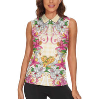Hawaii Palaka Women Sleeveless Polo Shirt Yellow Tribal Pattern With Tropical Flowers LT05 - Polynesian Pride