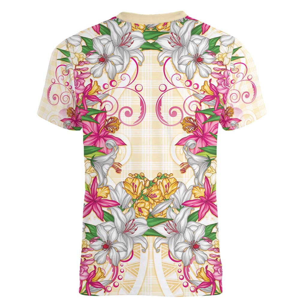 Hawaii Palaka Women V-Neck T-Shirt Yellow Tribal Pattern With Tropical Flowers - Polynesian Pride