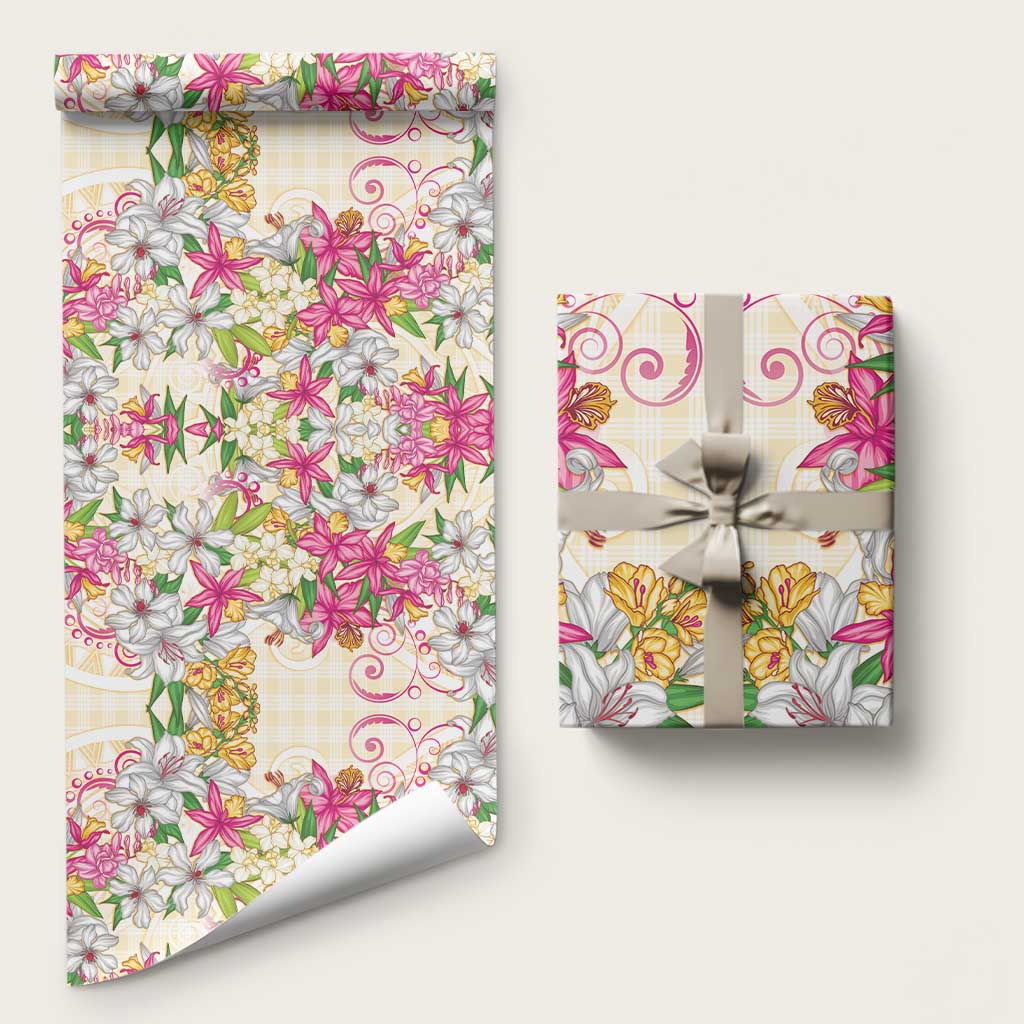 Hawaii Palaka Wrapping Paper Yellow Tribal Pattern With Tropical Flowers LT05 58" × 23" Yellow - Polynesian Pride